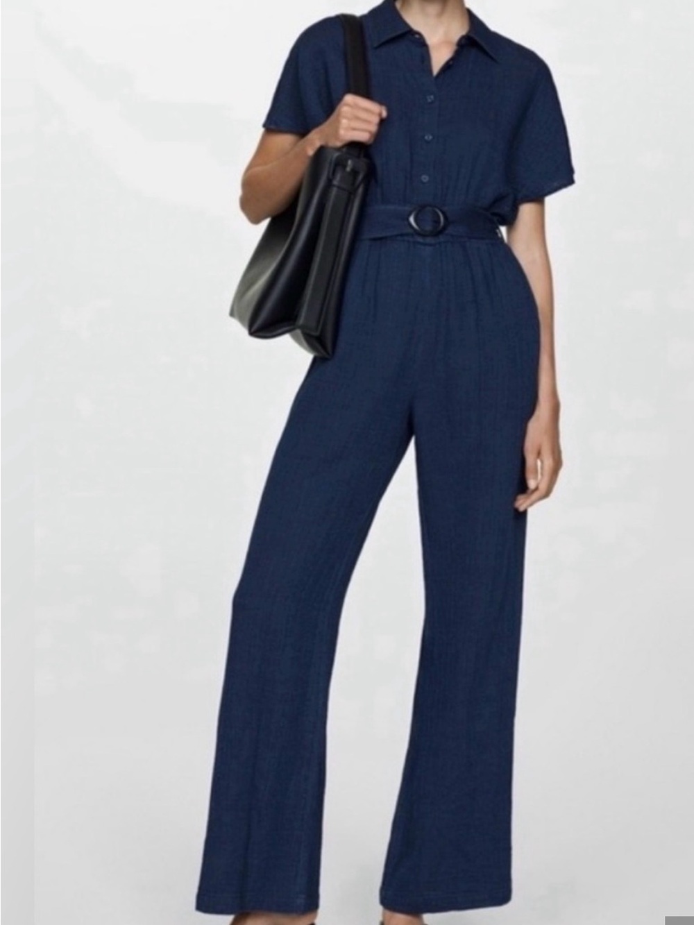 Mango Navy Blue Short-Sleeve Belted Jumpsuit